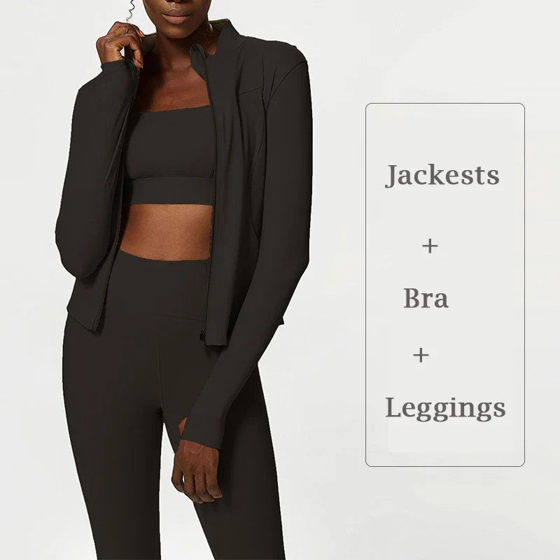 Plus Size Tracksuits Women's Yoga Set Sports Gym Jackets + Bra + Leggings Clothes for Women Sport Outfit Fitness Suit Black 3pcs