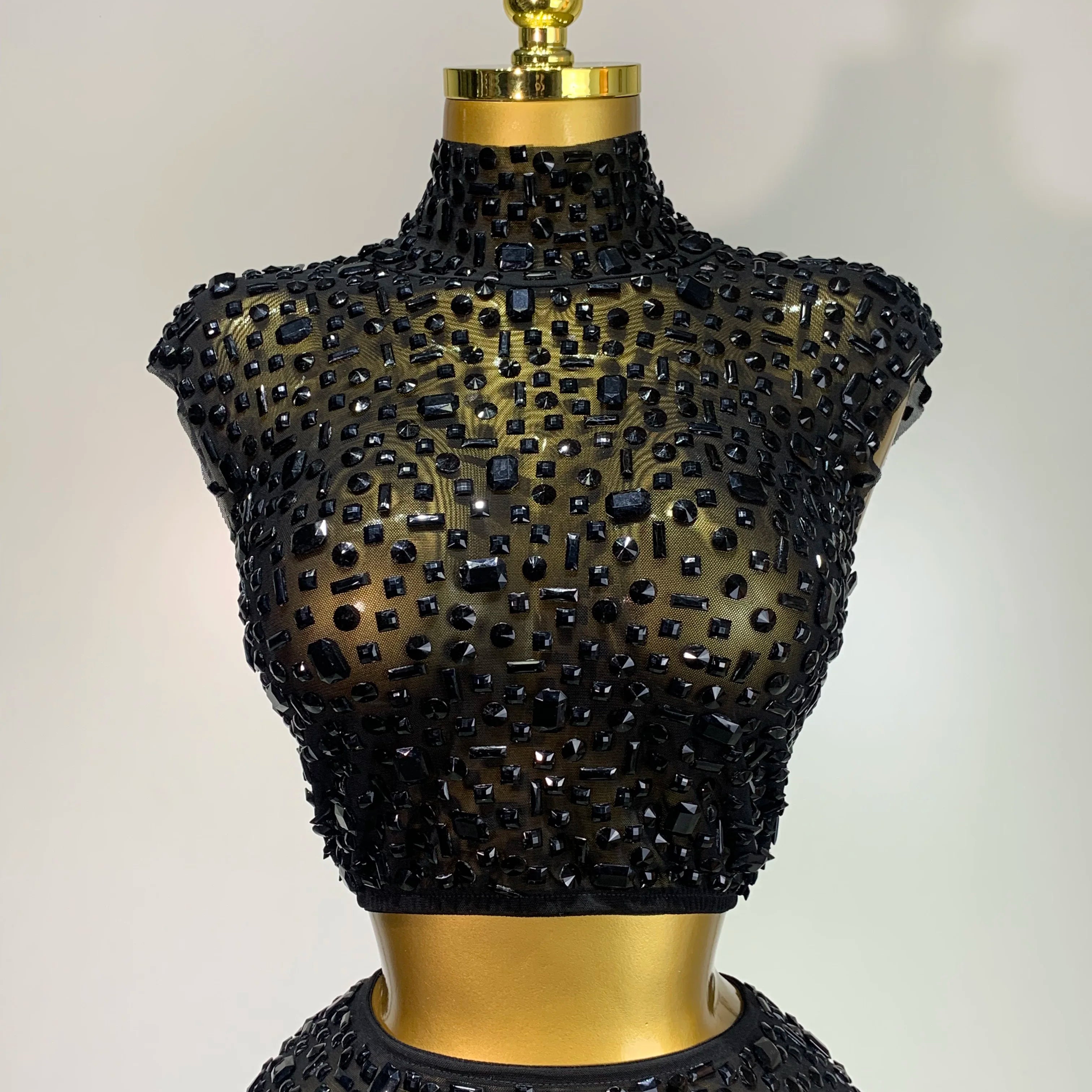 Luxury Rhinestone Mesh See Through Celebrate Birthday Dress Sparkly Top Short Skirt Two Pieces Sets Performance Stage Costume