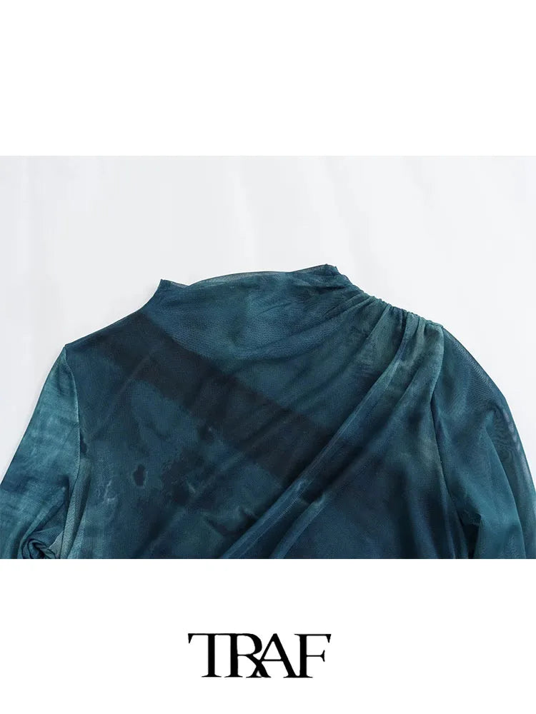 Woman Silk Mesh Midi Dress Autumn Women Long Sleeve Vintage Long Dress Female Elegant Slim Dress