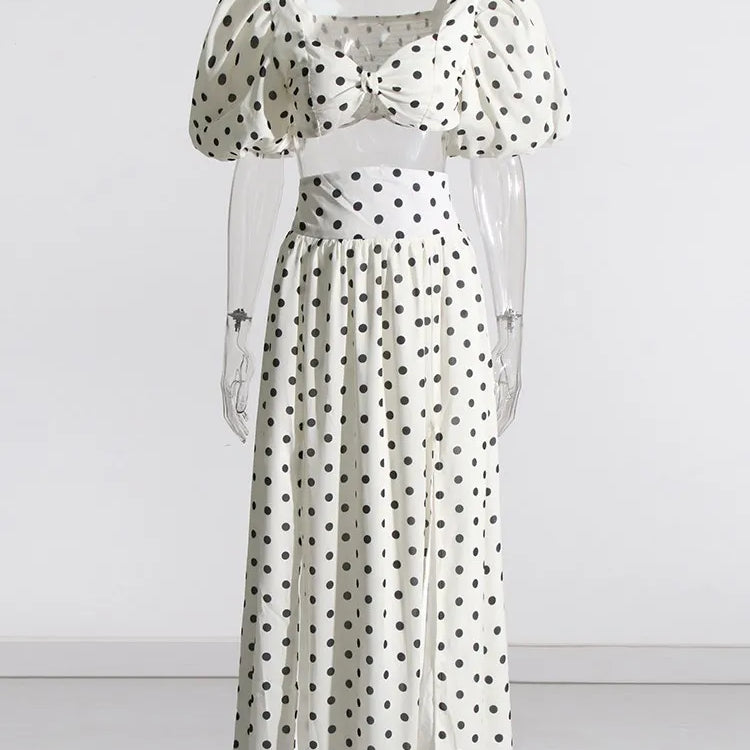 elegant Polka dot two piece sets square collar puff sleeve tops high waist split skirt chic set female fashion 2023