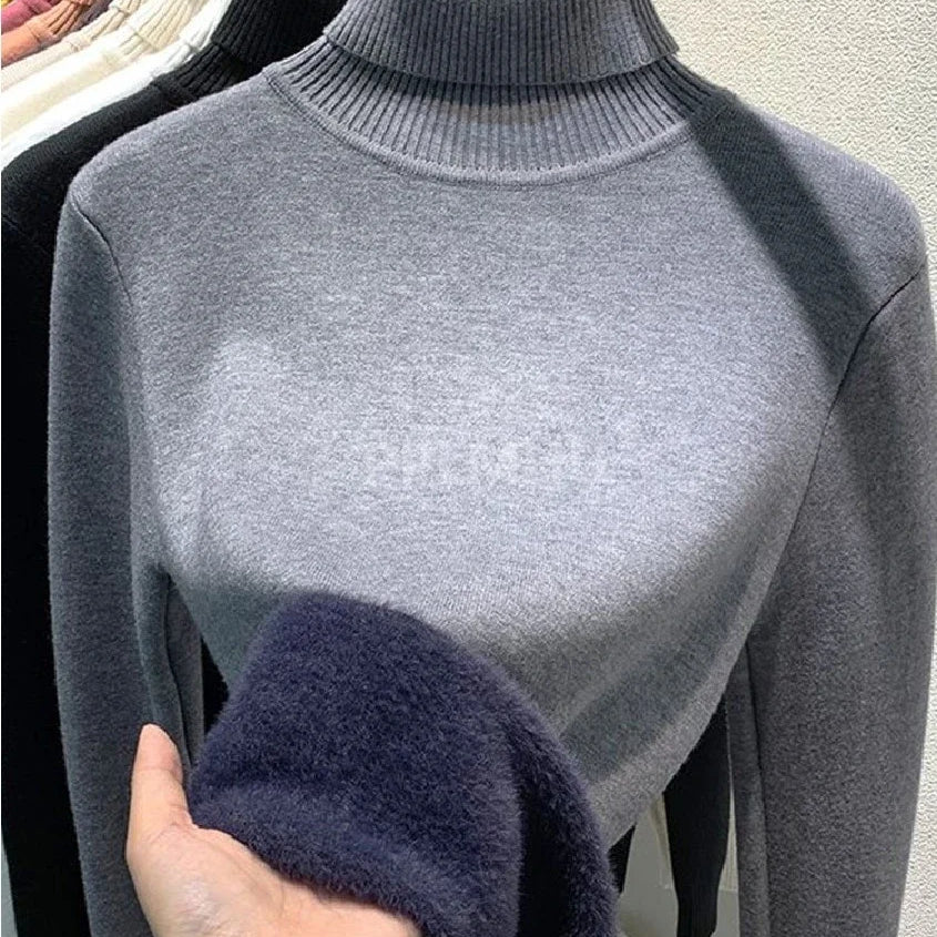 Warm Knit Pullover New Thicken Turtleneck Sweater For Winter Women Casual Slim Plush Lined Soft Long Sleeve Knitwear Jumper Tops basic grey green