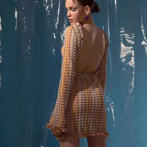 Backless Knitted Beach Dress Women Fashion Hollow Out Mini Boho Dress Summer Elegant Colorful Long Sleeve Bikini Cover Up 2024 brown