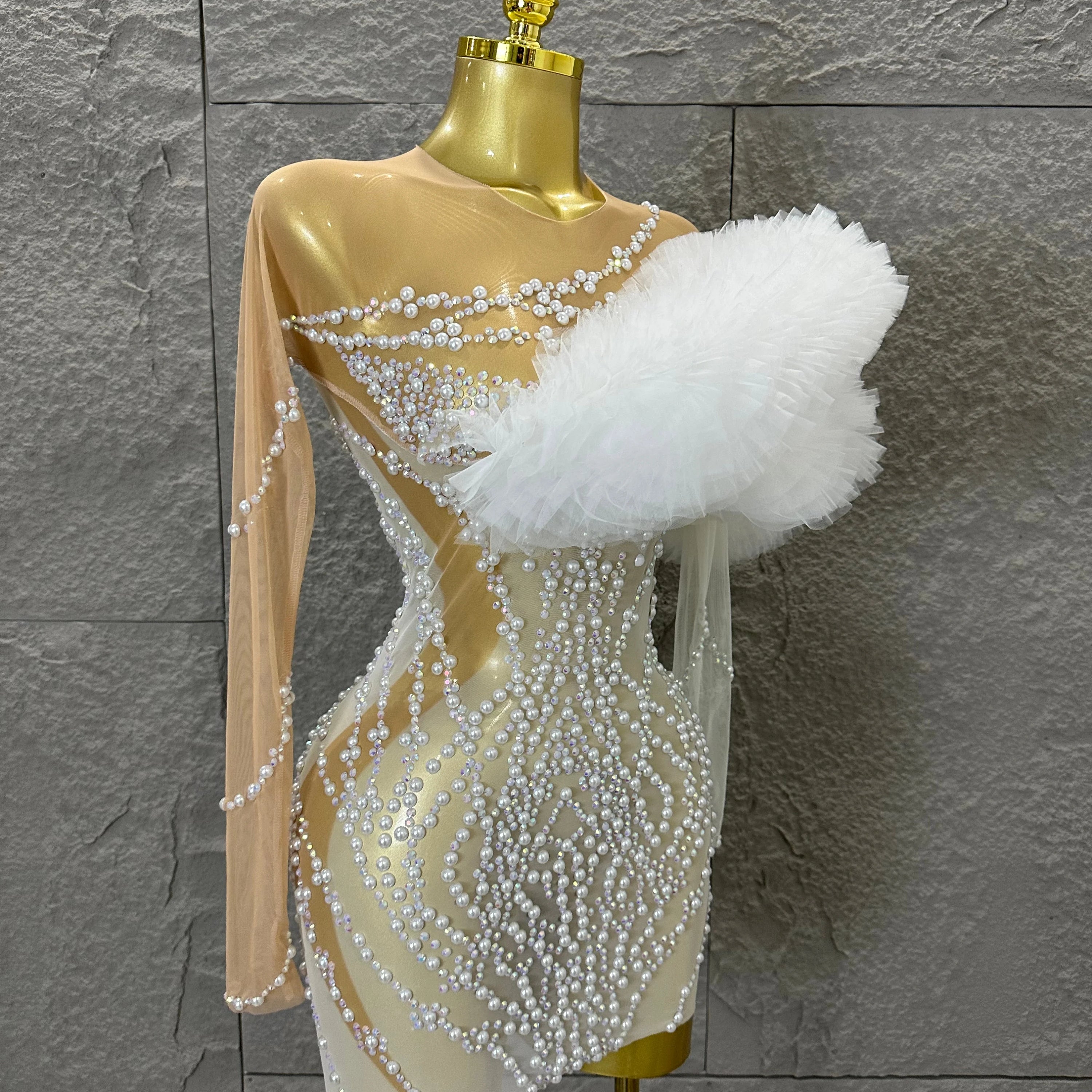 Luxurious Nude Sheer Mesh Mini Dress Women One-Shoulder Pearl Beaded Ruffle Tulle Bodycon Evening Costume