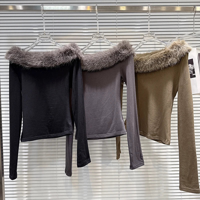 Winter New Fashionable Furry Collar Off-shoulder Long Sleeve T-shirt For Women Slim Fit Versatile Tops Female 11A07947