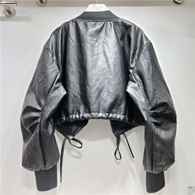 Autumn Winter Fashion V-Neck PU Leather Heavy Beading Design Pleated Coat For Women High Street Jacket Trendy 11A07727