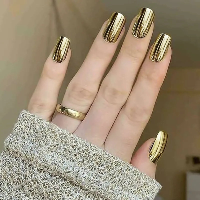 24pcs/set short fake nails metallic red black rose green blue silver golden square tips mirror effect press on false nail art Golden