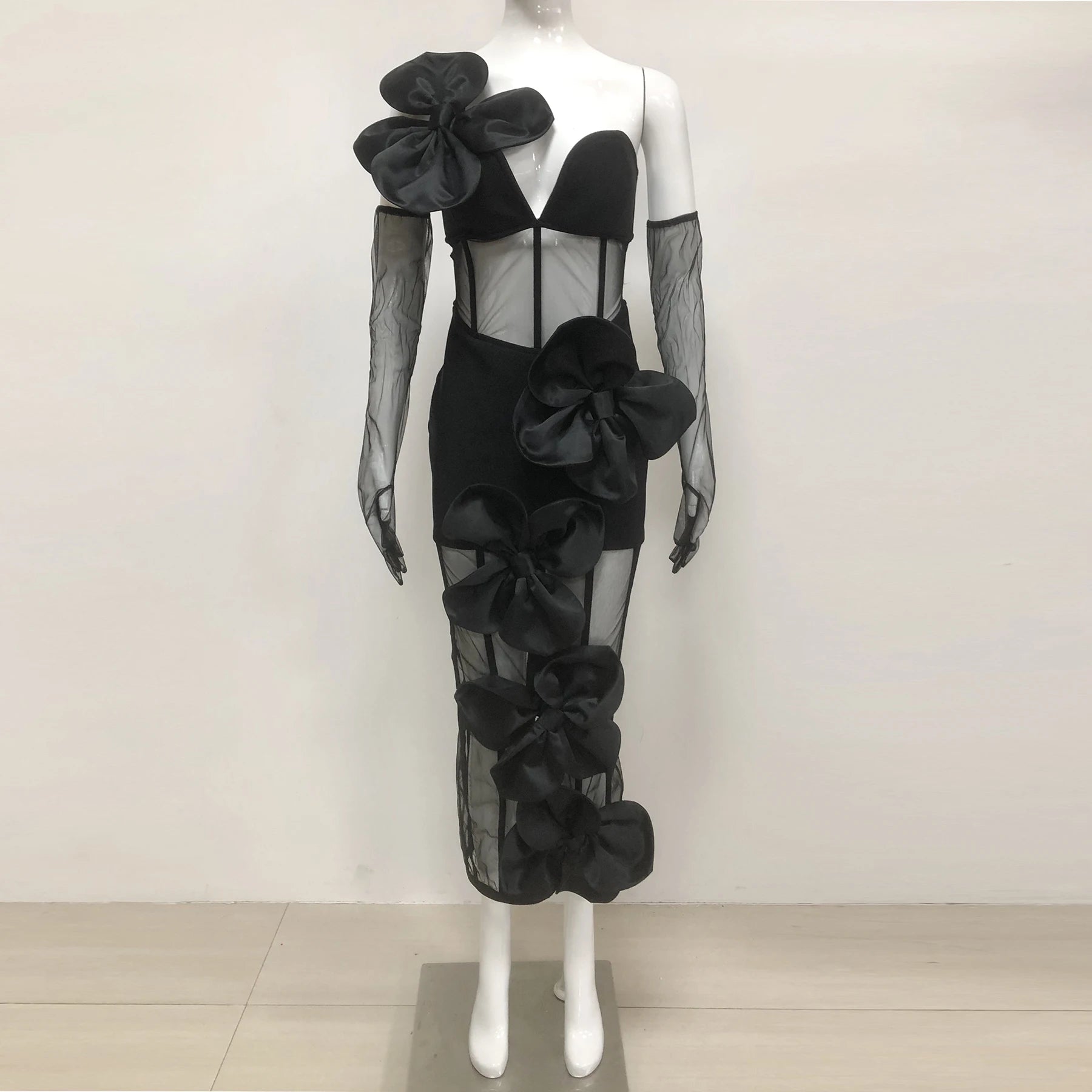 High Women Sexy One Shoulder Florals Mesh See Through Bodycon Long Bandage Dress Celebrate Nightclub Party Outfit black