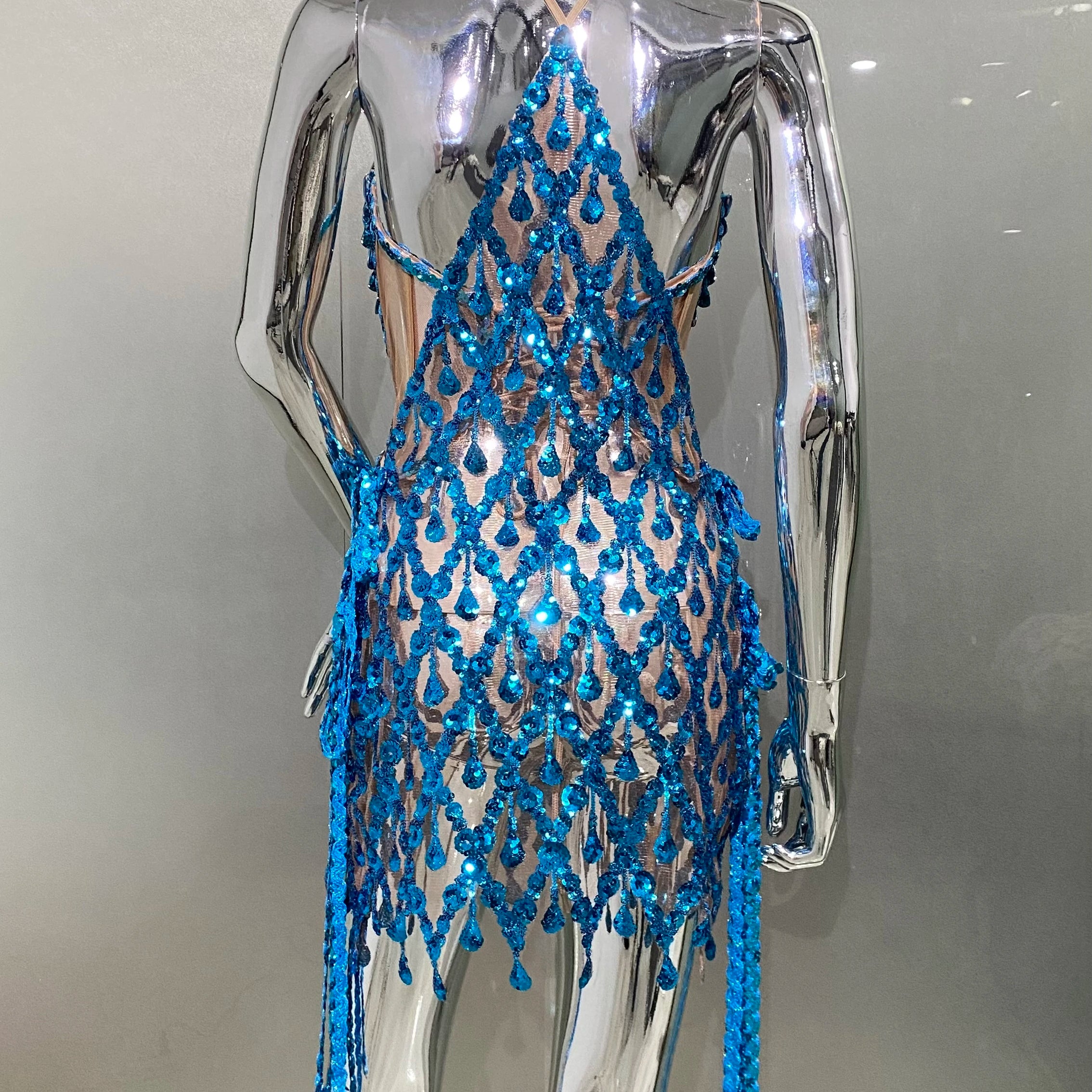 Blue Sequins Shining Diamonds Long Tassel Sleeveless Mini Dress 2 Pieces Birthday Party Outfit Performances Costume