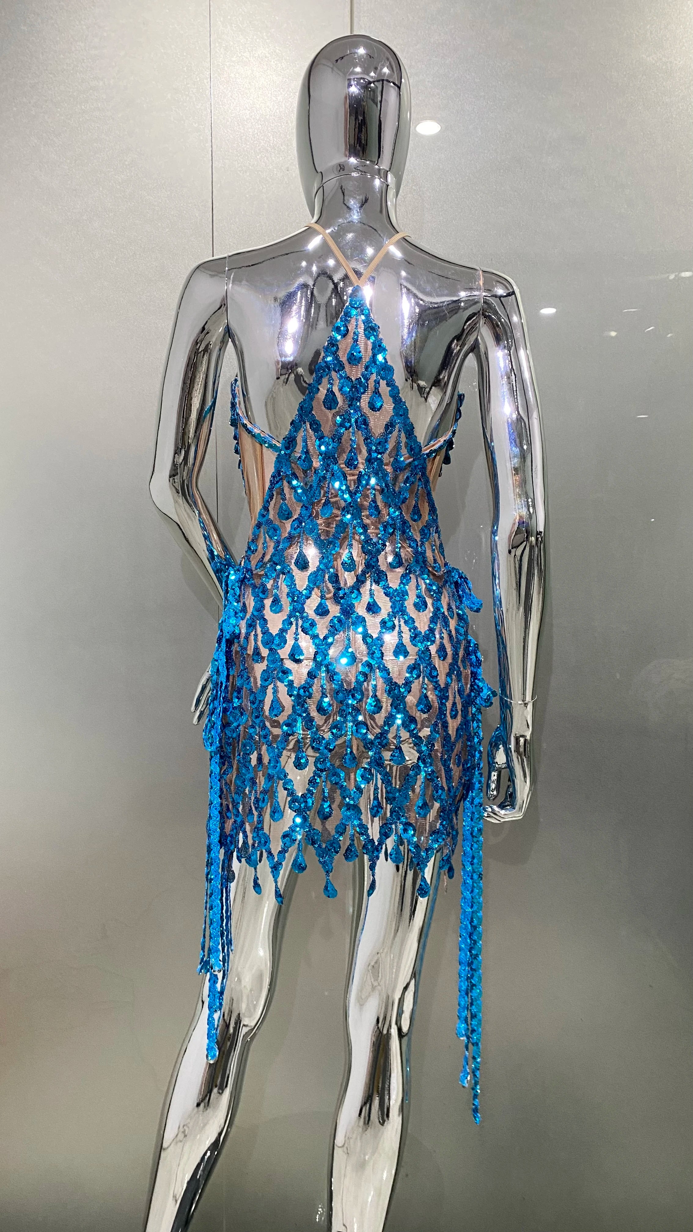 Blue Sequins Shining Diamonds Long Tassel Sleeveless Mini Dress 2 Pieces Birthday Party Outfit Performances Costume