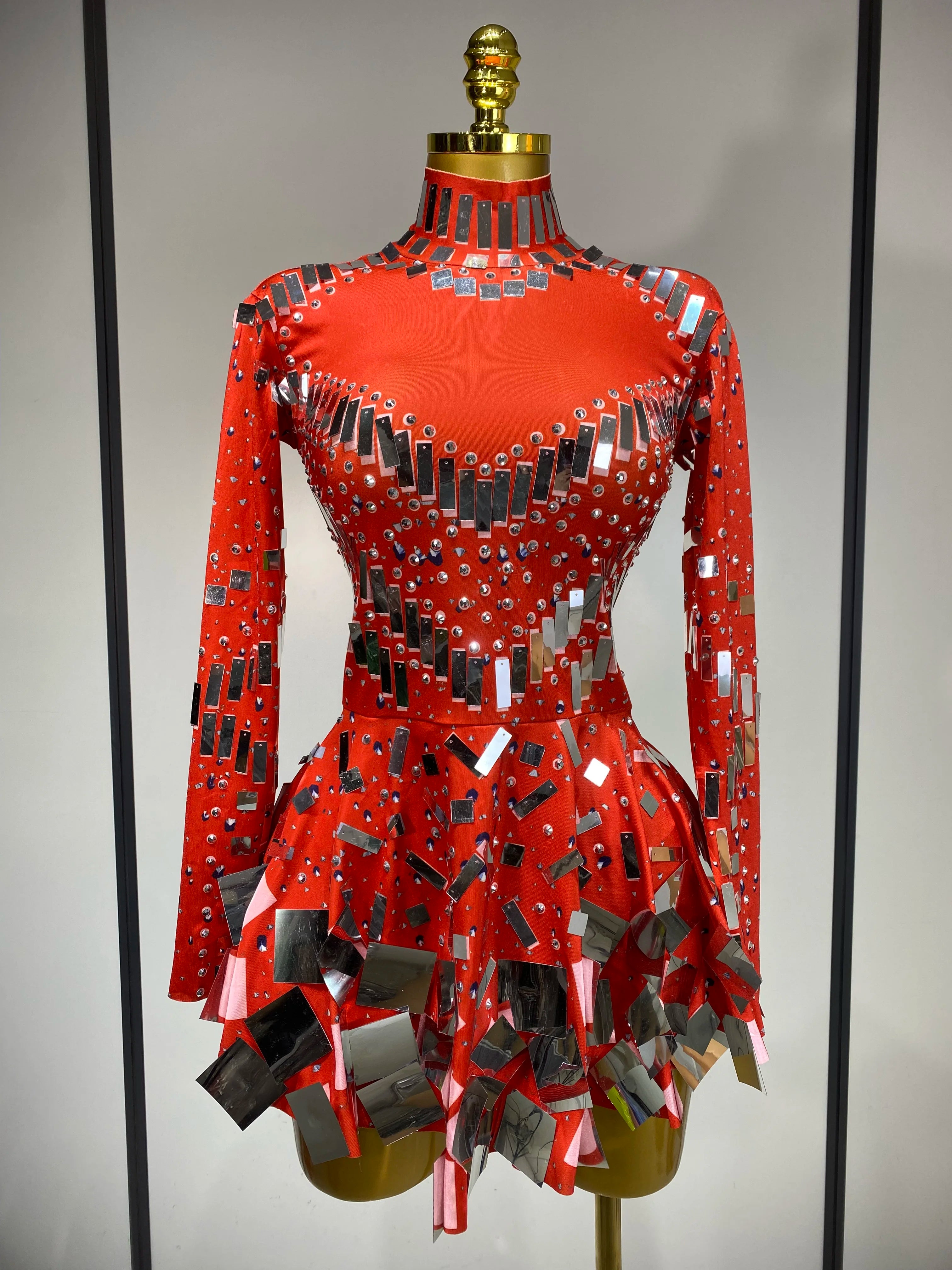 Women 2025 Sexy Elastic A-Line Dress Birthday Performance Costume Sparkly Sequin Nightclub Evening Party Hotwife Stage Outfit Red