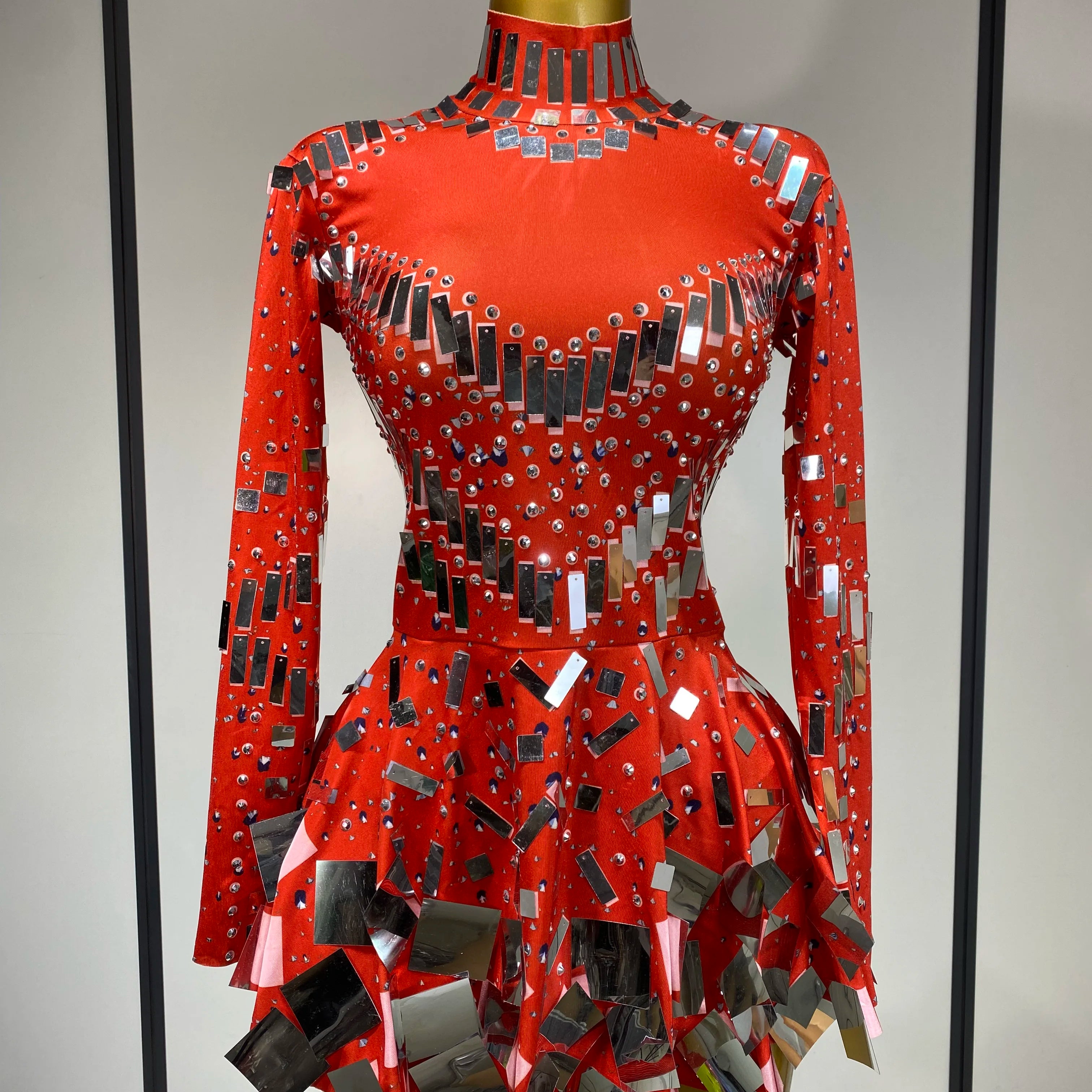 Women Sexy High Elastic A-Line Long Sleeve Dress Performance Costume Sparkly Nightclub Evening Party Hotwife Stage Outfit Red