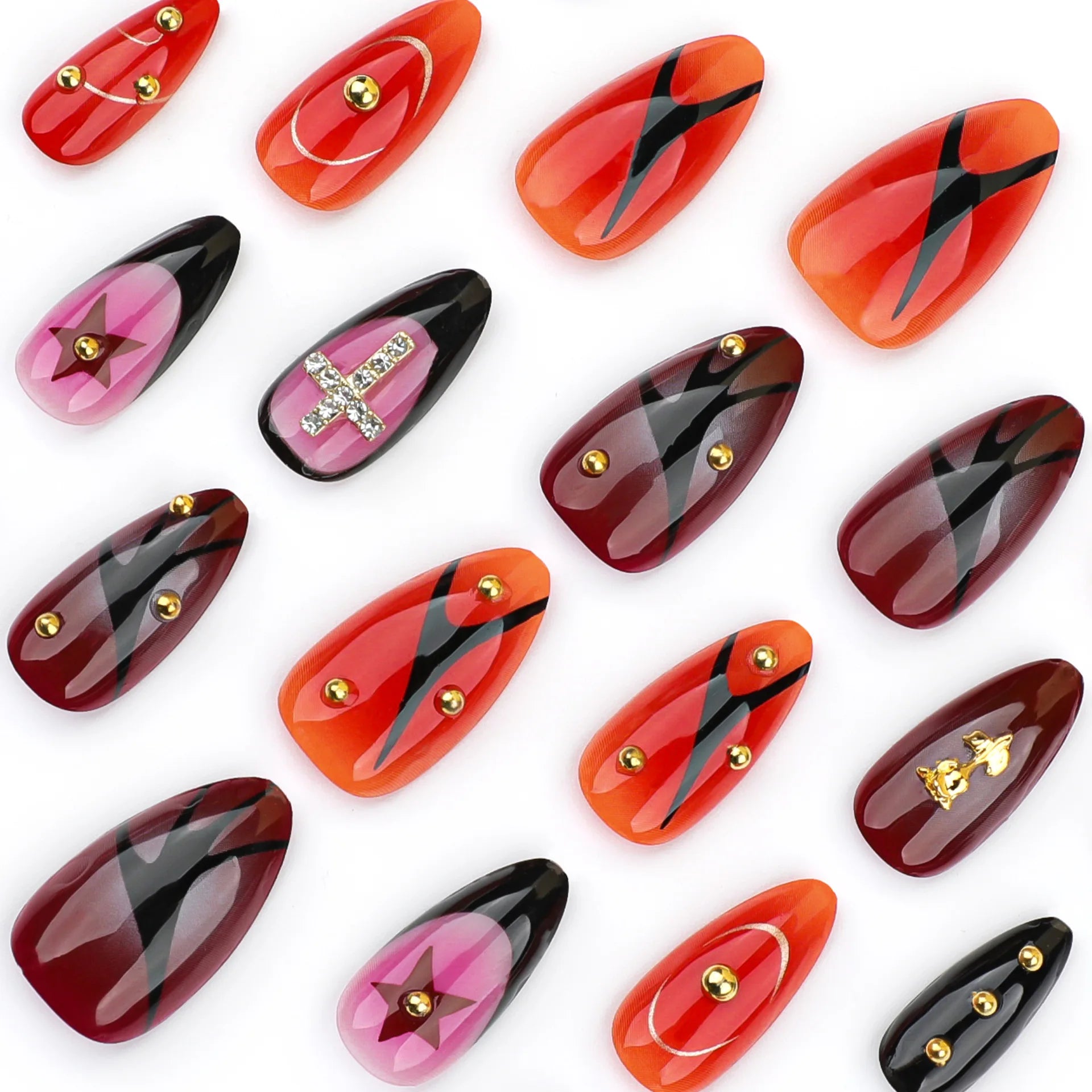 24pcs Metal 3D Rose Press on Nails Full Cover Wearable Almond False Nails Spice Girls Y2k Gothic Punk Style Fake Nail Tips
