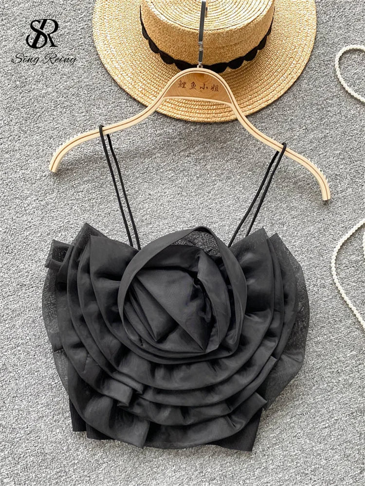 SINGREINY Female 3D Flowers Vacation Style Sexy Camis Summer Design Sheath Tops Women Solid Slim Short Streetwear Beach Camisole black One Size