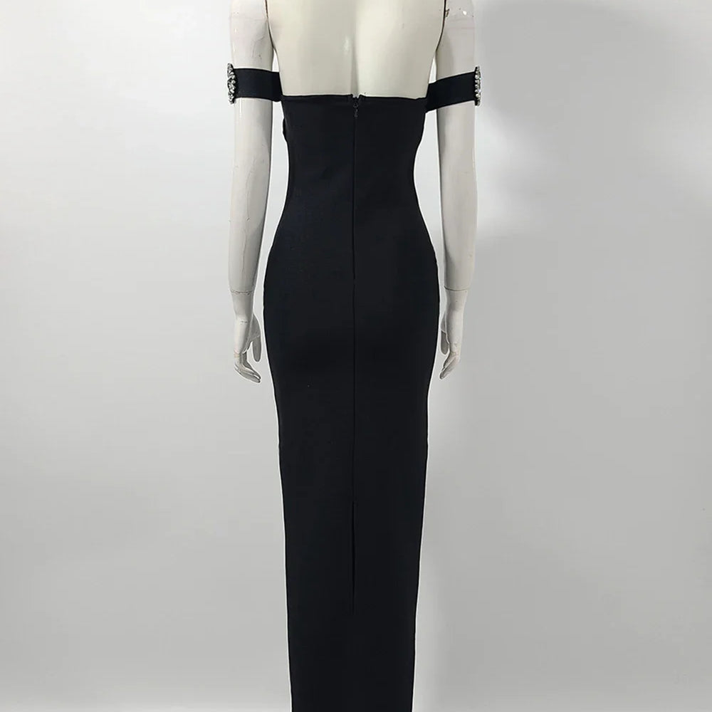 2025 Sexy Women Light Luxury Nail Bead Bandage Dress Hanging Neck Shoulder Short Sleeve Bodycon Long Dress Evening Party Vestido