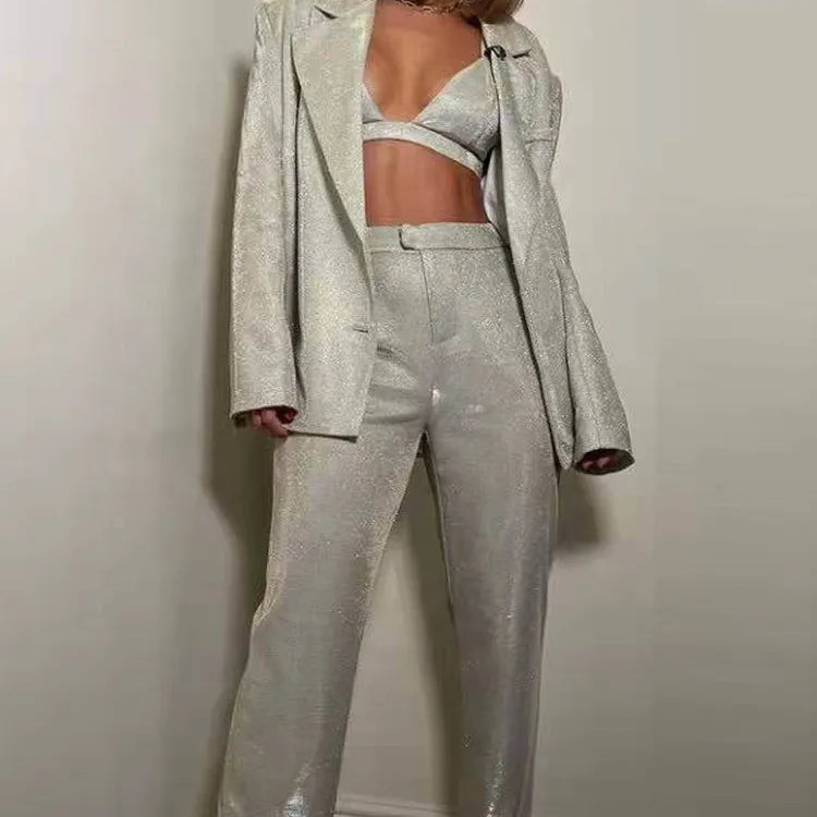 Shiny Pant Suit Women Design Sexy Party Club Blazer Sets With Underwear Fashion 2022 Spring Female Coat And Straight Pants