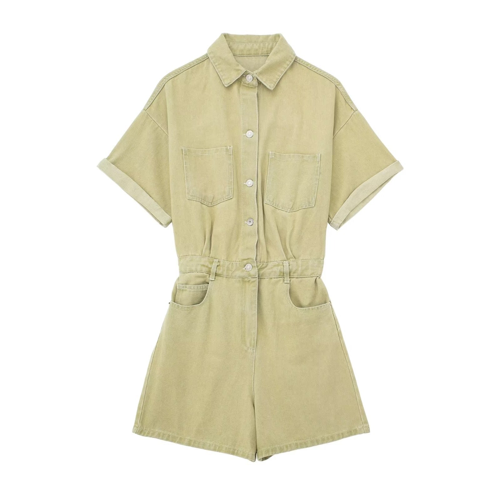 TARUXY Lapel Pocket Denim Jumpsuit Women Sexys Short Sleeve Slim Bodycon Ropa De Mujer Casual Overalls One Piece Womens Clothing Mustard yellow