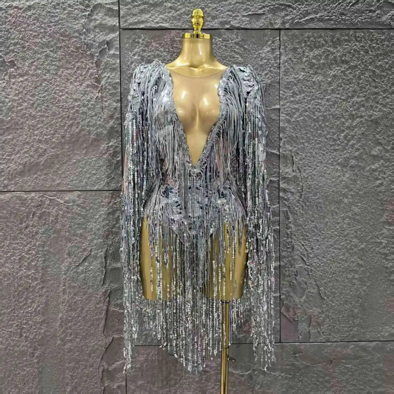 STOCK Women Long Sleeve Sexy V-Neck Bodycon Bodysuit Shinning Sequin Tassel Celebrate Bar Dancer Performance Costume Stage Wear Silver