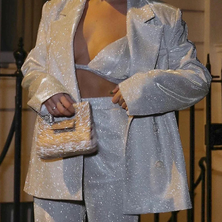 Fantoye Turn-down Collar Sequins Women Blazer Sets Silver Long Sleeve Tops Casual Pants Women Spring Loose Fashion Streetwear