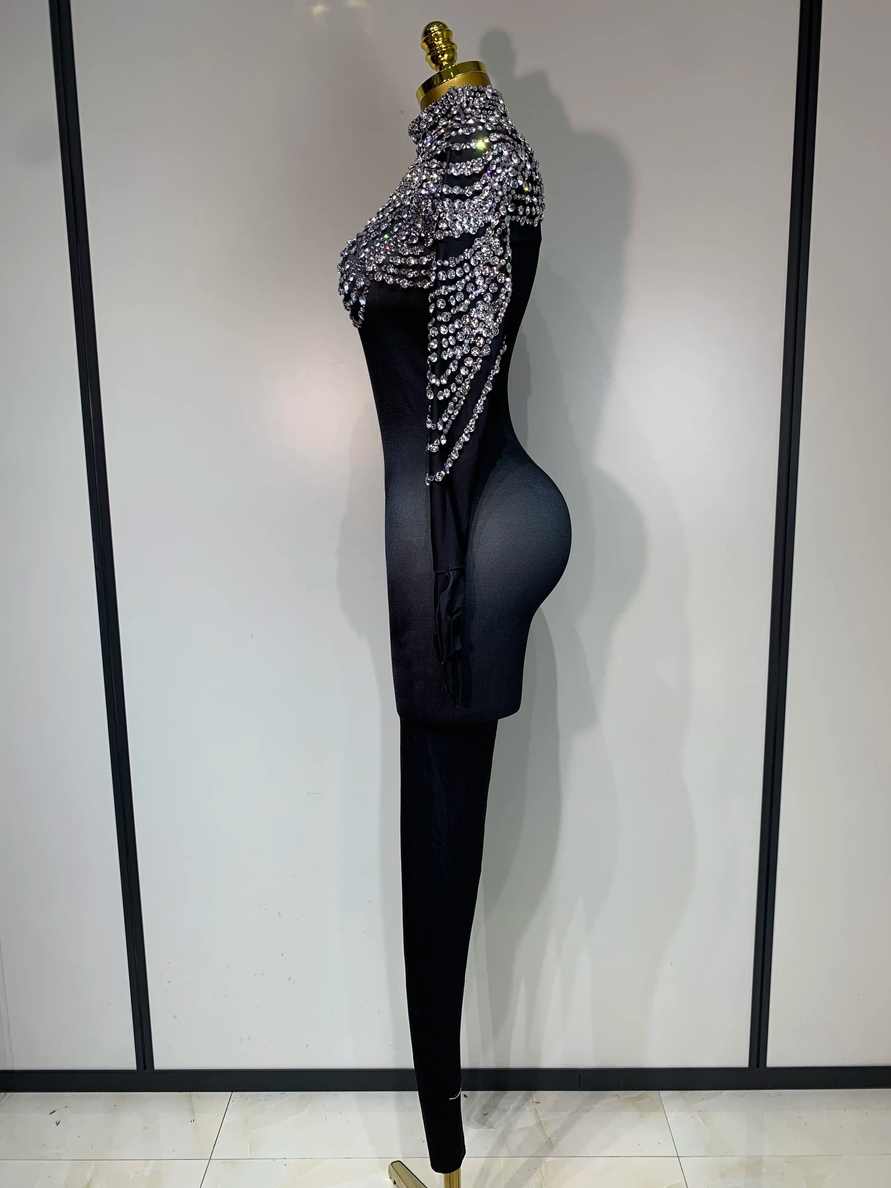 Stock Women Sexy Nightclub Evening Party Drag Queen Singer Dancer Stage Performance Costume Luxury Rhinestone Stretch Jumpsuit