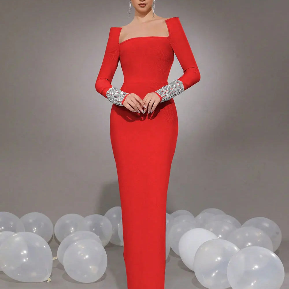 2025 New Women'S Elegant Bandage Dresses Square Neck Long Sleeved Nail Bead Design Bodycon Long Dress Evening Party Vestidos Red