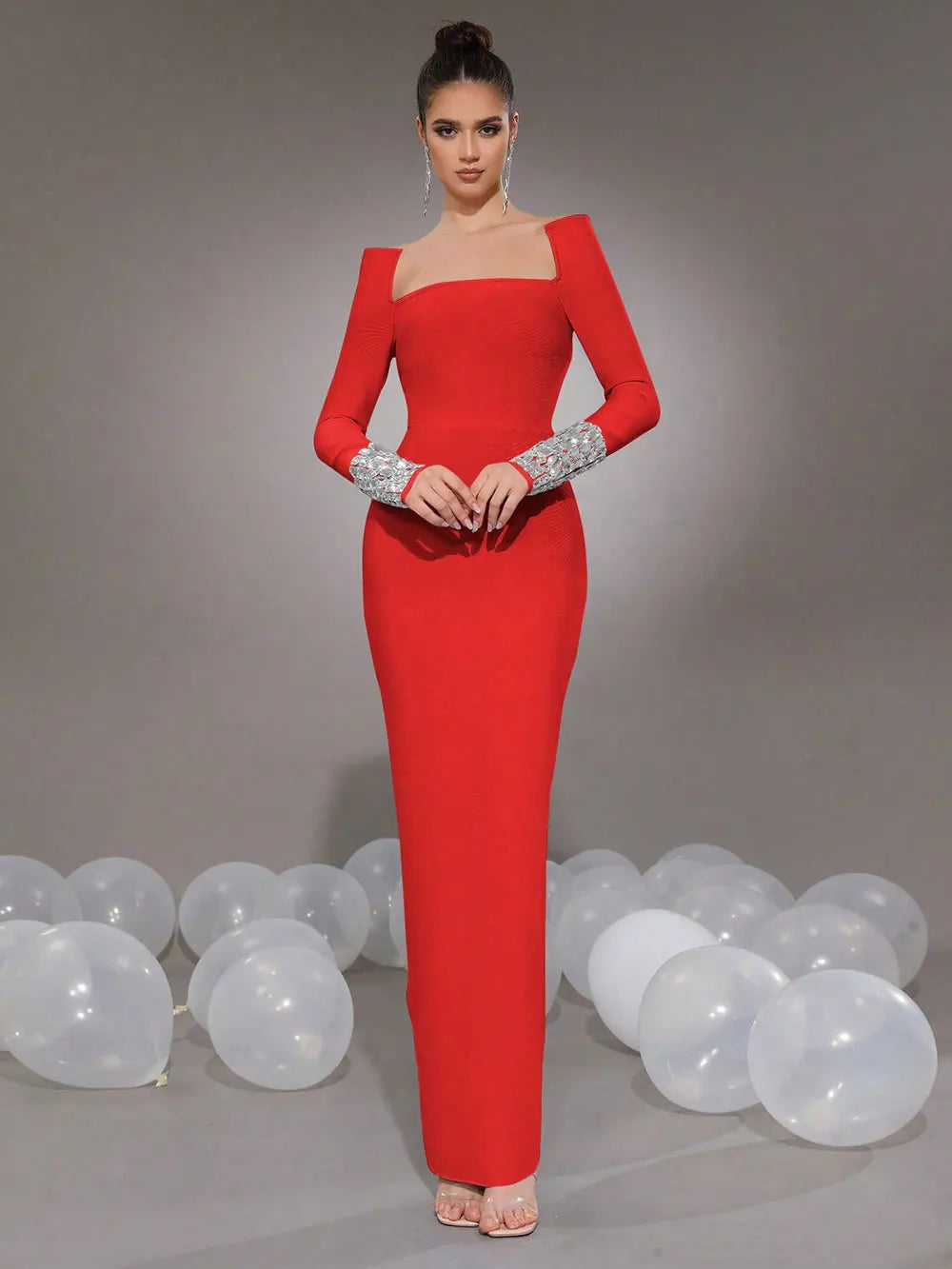 2025 New Women'S Elegant Bandage Dresses Square Neck Long Sleeved Nail Bead Design Bodycon Long Dress Evening Party Vestidos Red