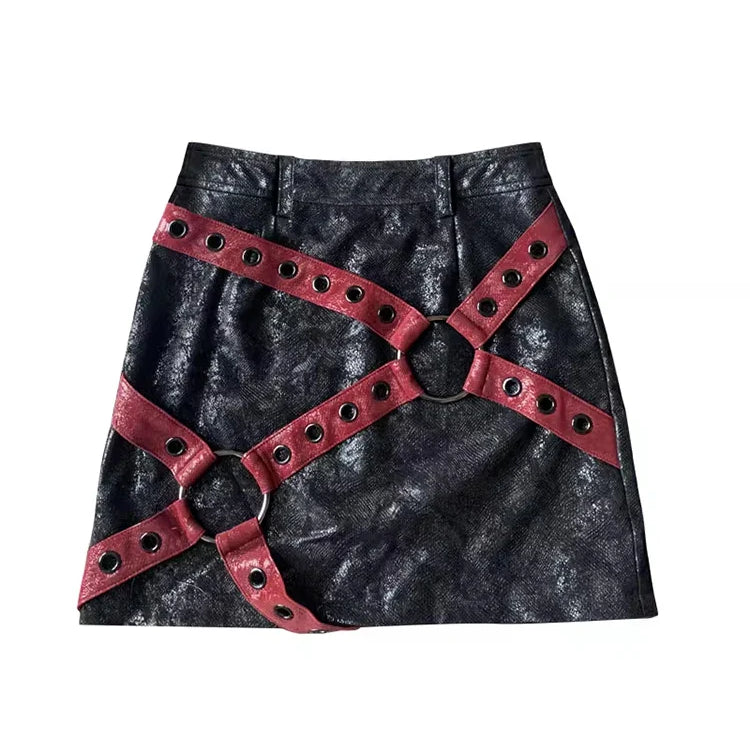 Spring Summer Cool Red and Black Patchwork Pu Leather Mini Skirt Women High Waist Short Luxury Designer Y2K Clothes 2023