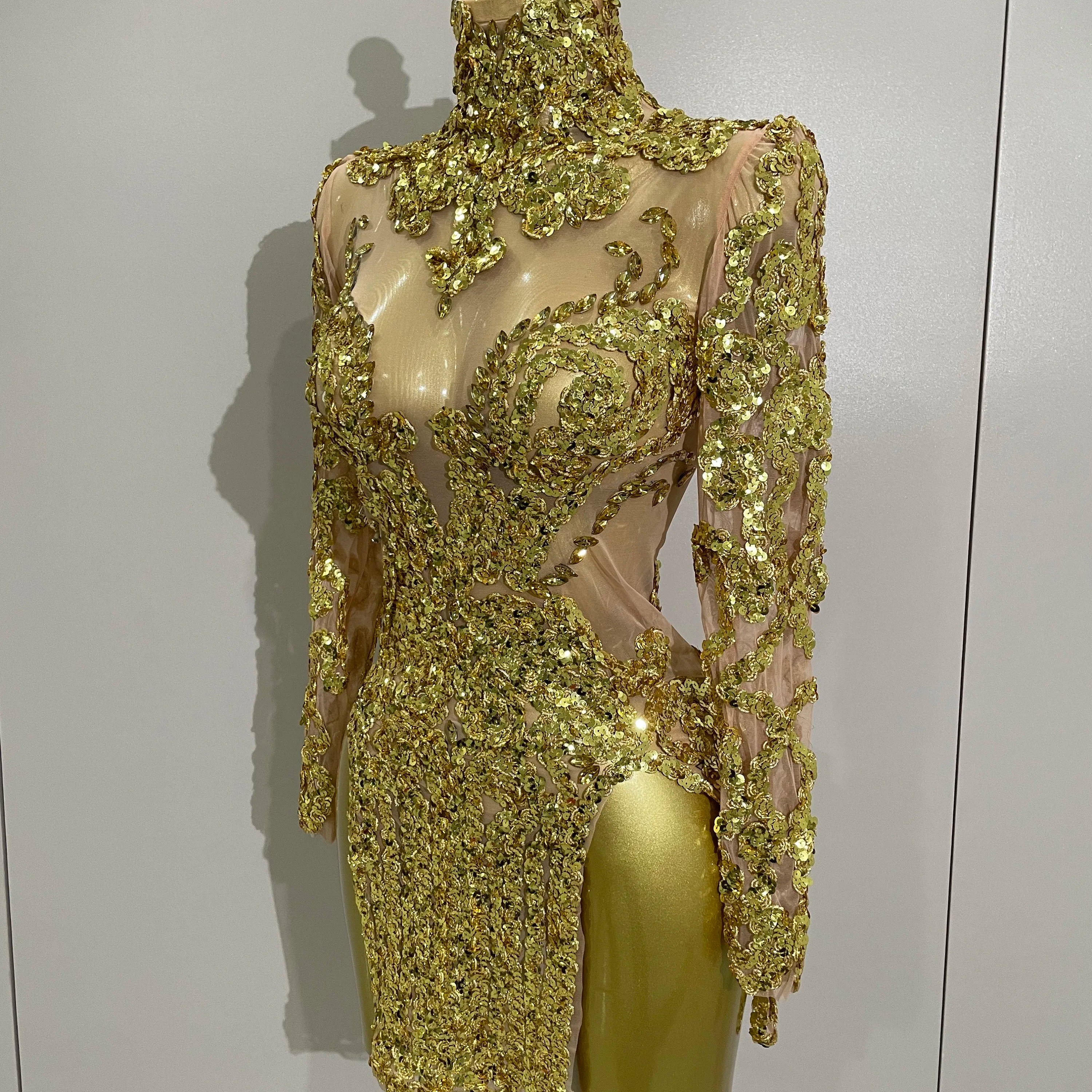 Luxury Sparkly Sequins Stretch Long Sleeve Mesh Mini Dress 2025 Women Birthday Party Nightclub Dancer Stage Performance Costume