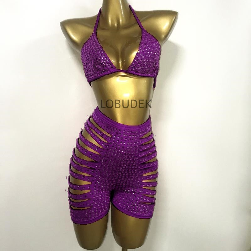 Shining Rhinestones Bra Hole Hollow Shorts Set Women Pink Crystal Bikini High Waist Pants Outfits Birthday Party Singer Costume