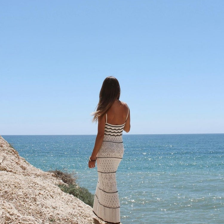 Summer New Dress - Beach Style Knitted Slim Fit Slim Strap Long Dresses Color Knitted Hollow Elegant Tight Vestidos