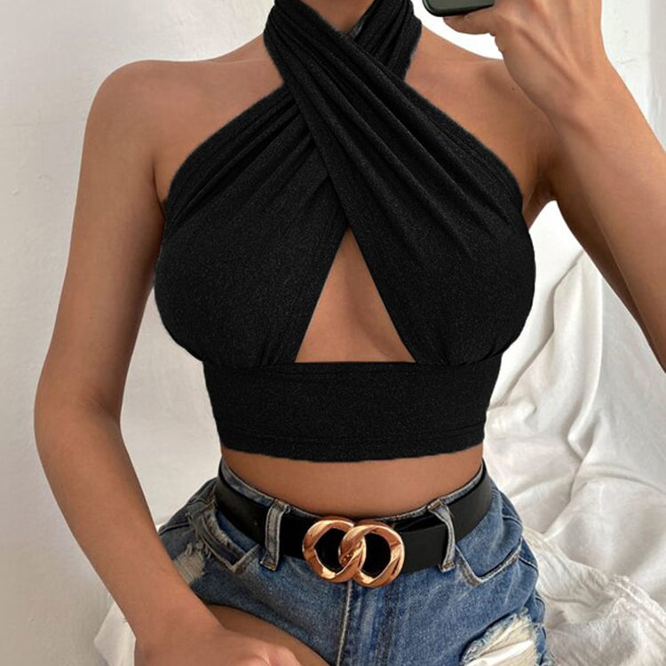 Women Summer Tank Tops Sexy Solid Color Cross Halter Neck Push Up Hollow Crop Tops High Street Wear 2024 New Fashion Black