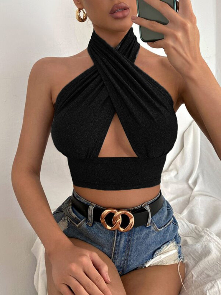Women Summer Tank Tops Sexy Solid Color Cross Halter Neck Push Up Hollow Crop Tops High Street Wear 2024 New Fashion Black