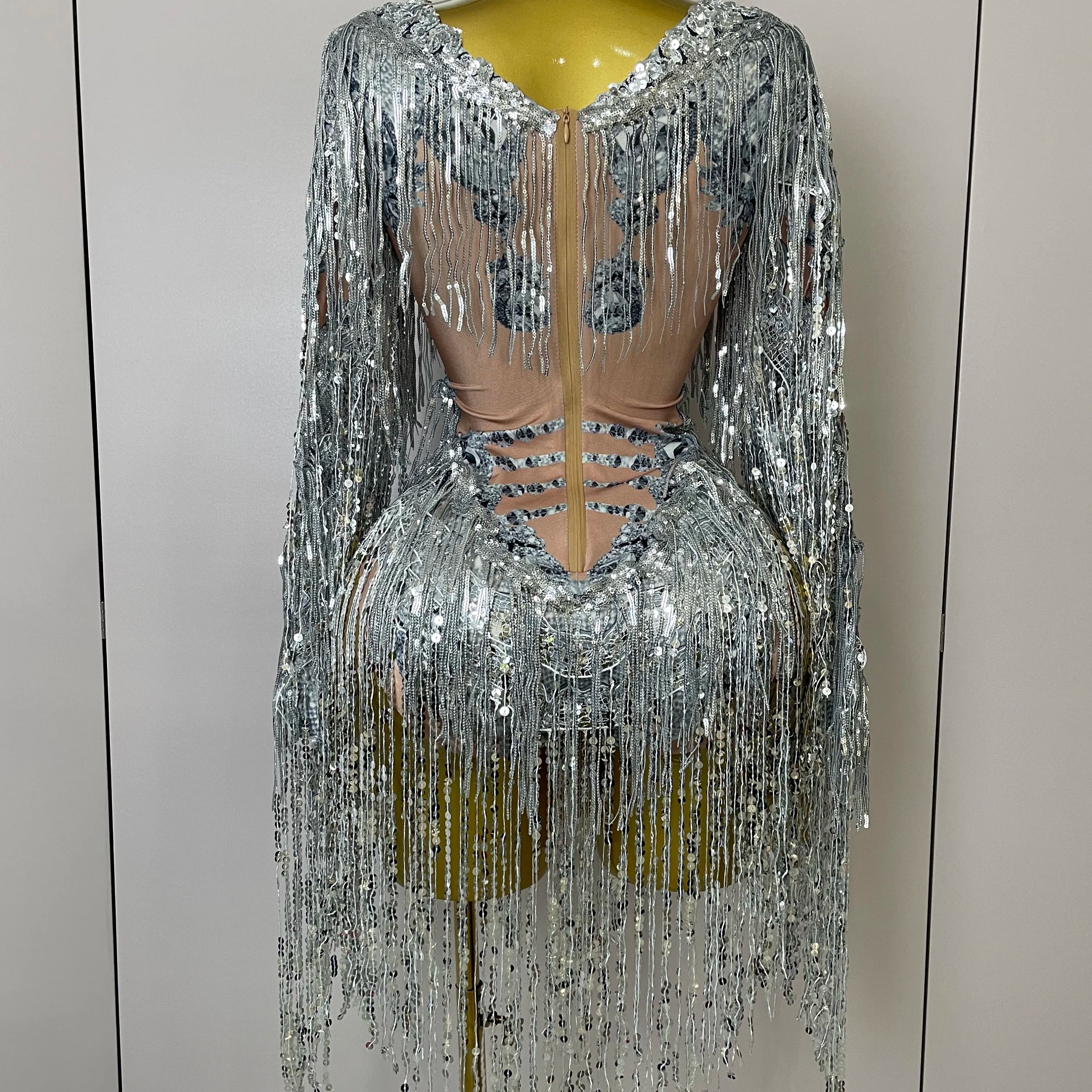 STOCK 2025 Flashing Sequins Tassels Sexy See-Through Sheath Bodysuit Evening Party Nightclub Dancer Stage Perfprmance Costume