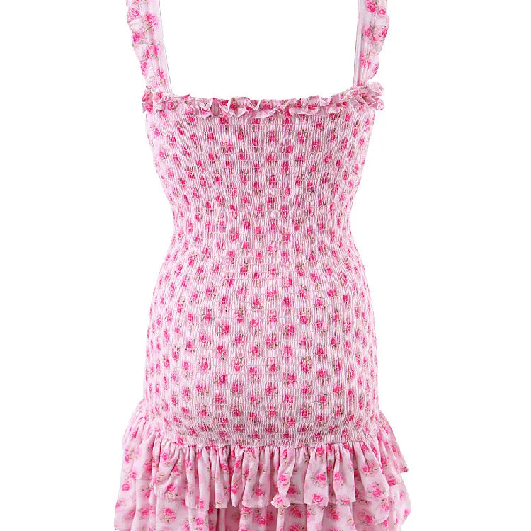 Romantic Pink Flower Print Corset Ruched Elastic Body Sling Mini Dress Woman Wood ears Ruffles Hem Package Hips Holiday Robe