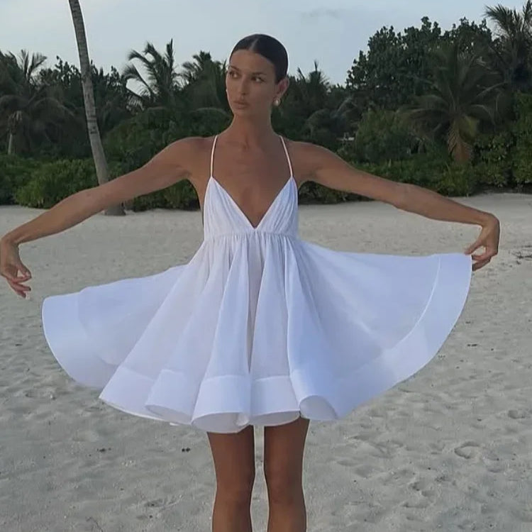 Elegant Yellow Pleated A-line Hem Mini Dress Women Sexy Sleeveless Open Back Lace-up Dresses Summer Lady Holiday Beach Vestidos