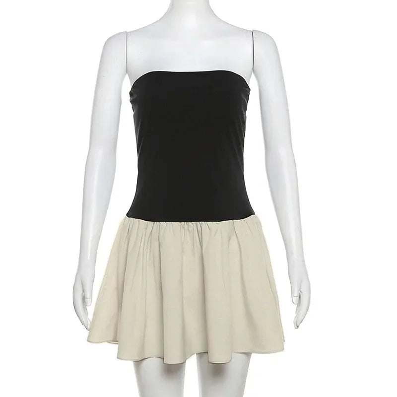 TARUXY Slim Folds Dress For Women Bodycon Backless Splice Dresses Female Summer Sexy Off Shoulder Elegant Mini Dress Woman 2024 Black