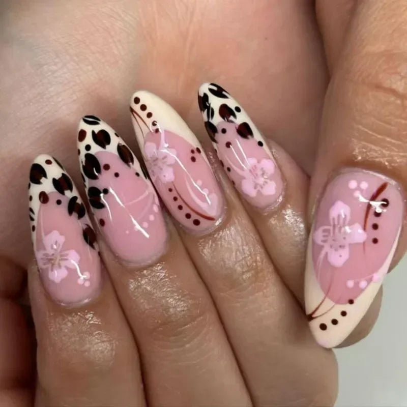 24pcs Leopard Print Almond Fake Press on Nails with Mini Flower Acrylic Fake Nails Retro Sweet Cool Design Press Ons French Nail 4