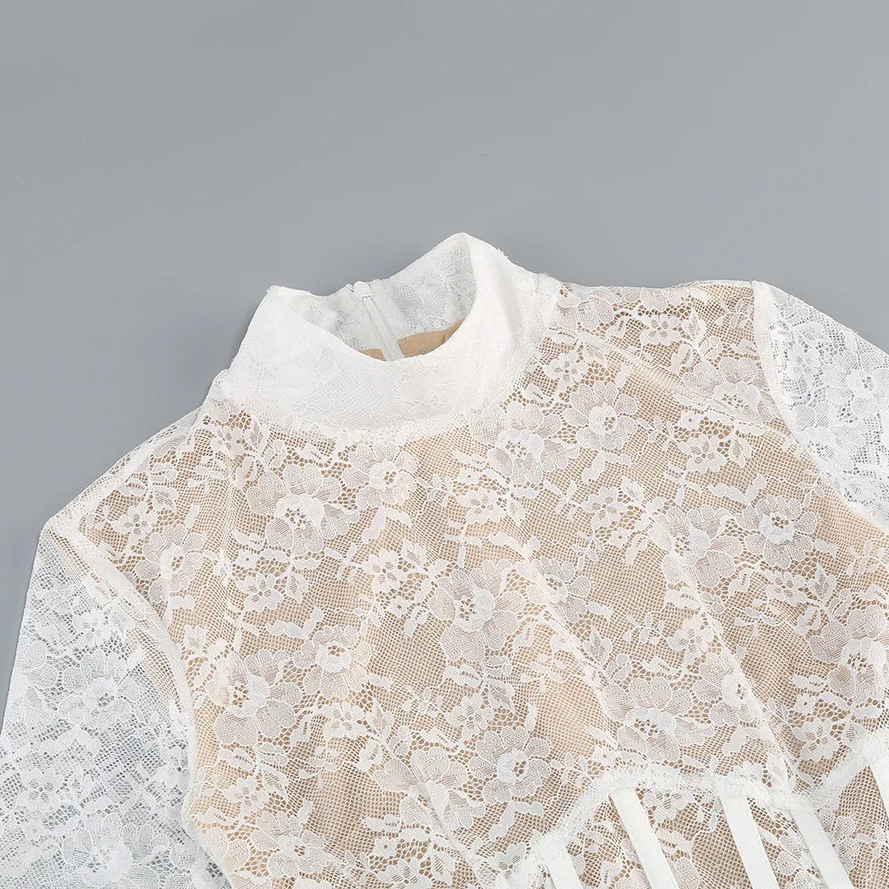 White Lace Long Sleeve Sexy Bodycon Mini Dress Celebrate Nightclub Party Birthday Photo Shoot Wear 2025 New Spring