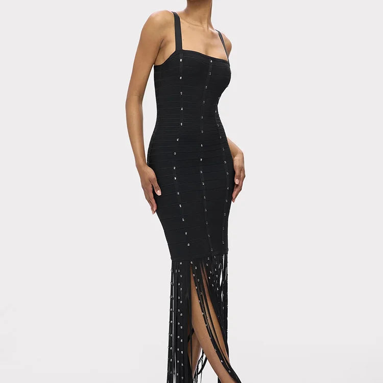 VC Black Diamond Tassel Spaghetti Straps Long Dress Backless Sleeveless Fringed Patchwork Bodycon Evening Party Gowns