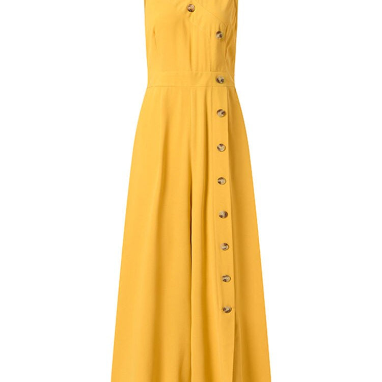 ZANZEA Wide Leg Pant Buttons Split Jumpsuits 2024 Summer Casual Fashion Sleeveless Long Rompers Women V Neck Wasited Playsuits