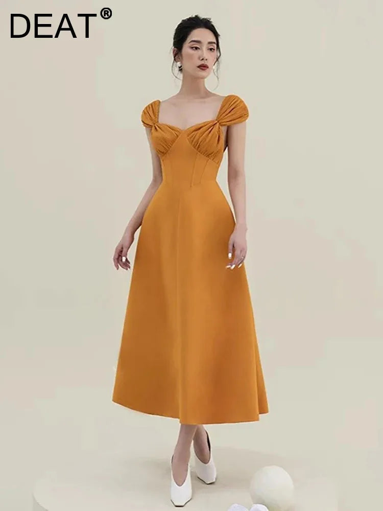 DEAT Women's Dress Bowkont Square Collar Pleated Sleeveless Waist Backless Casual Dresses Spring New Fashion 13DB3266