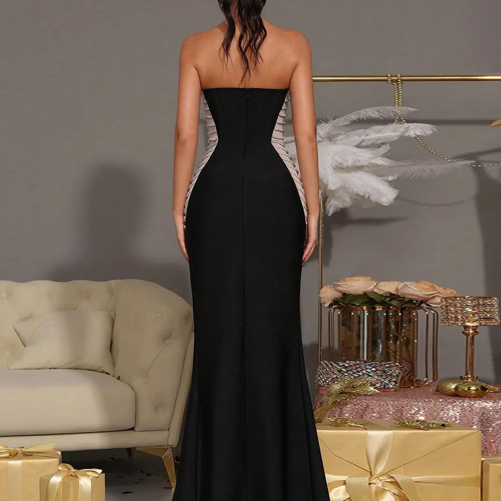 2025 Sexy Women'S Patchwork Bead Design Bandage Dress Strapless Sleeveless Bodycon Backless Split Length Dresses Party Vestidos