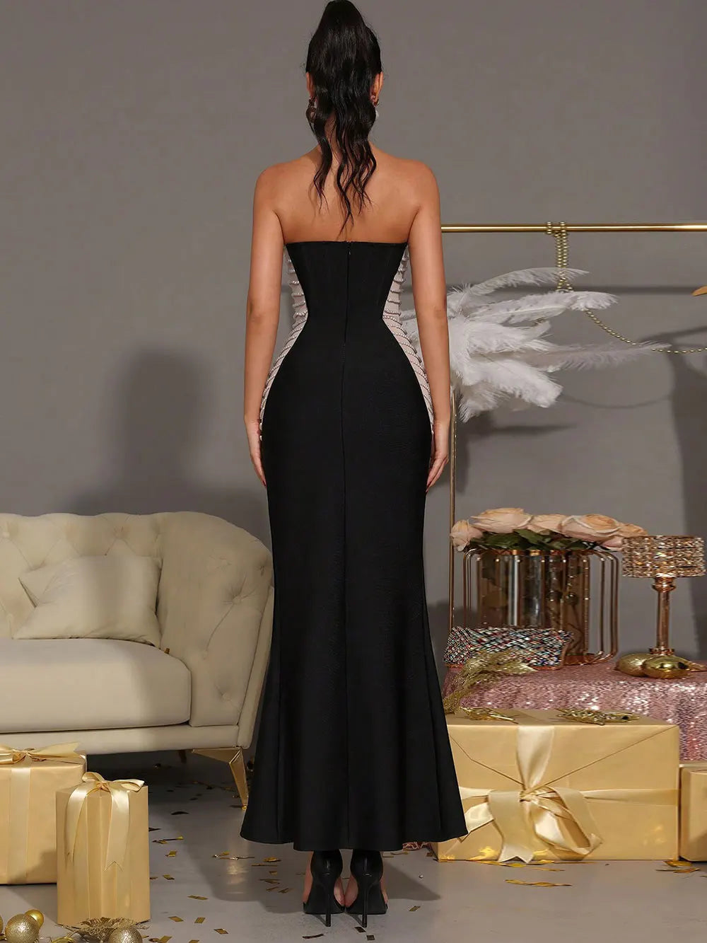 2025 Sexy Women'S Patchwork Bead Design Bandage Dress Strapless Sleeveless Bodycon Backless Split Length Dresses Party Vestidos