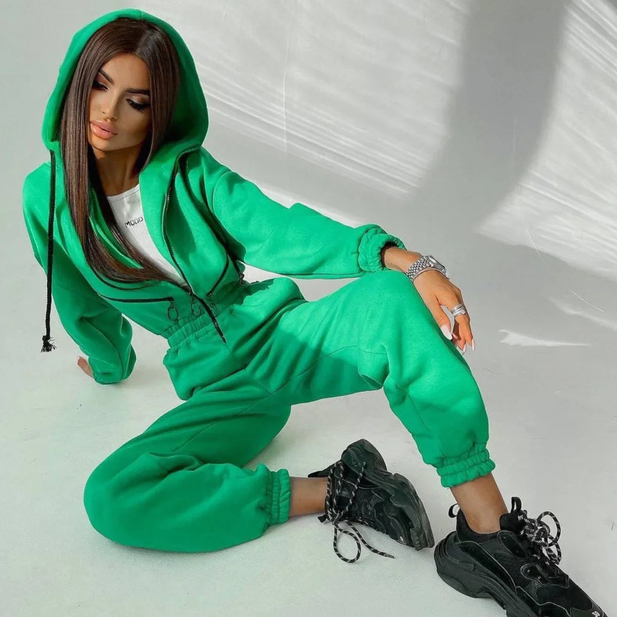 LKF New Sports and Casual Women's Jumpsuit Hooded Zipper Cardigan Solid Color Street Trendy Jumpsuit Wholesale Green