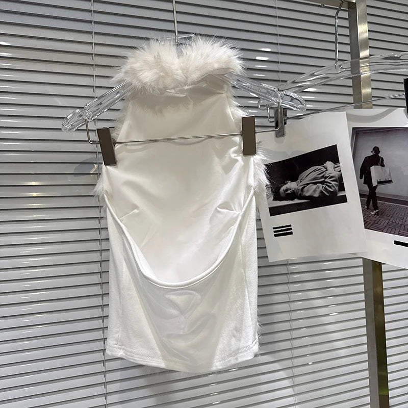 Winter New Fashion Gradient Faux Fur Patchwork Backless Halter Top For Women Outwear Vest Female Trend 11A07670