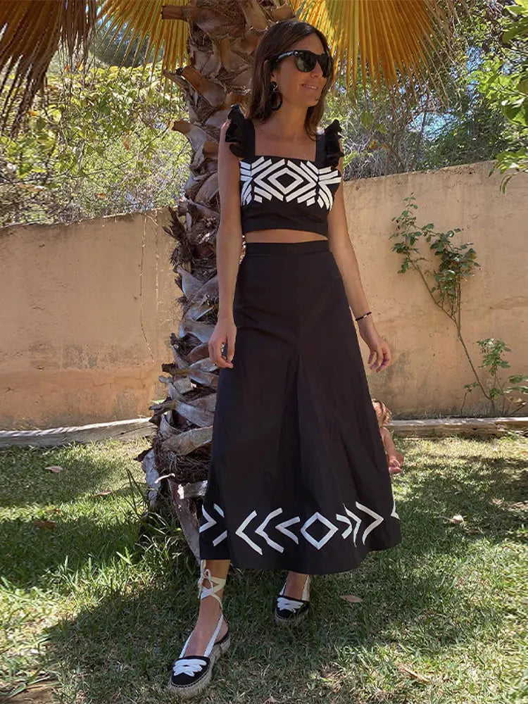 Fashion Sleeveless Short Top Skirt Set For Women Slim High Waisted Pattern Female Skirts Suit Casual Beach Holidays Prom Gowns