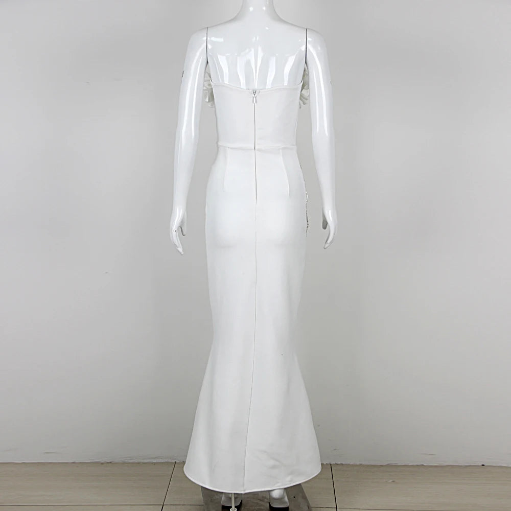 2024 Women Sexy Off the Shoulder Flowers Chain Line Bodycon Bandage Long Dress Celebrate Elegant Evening Party Dress