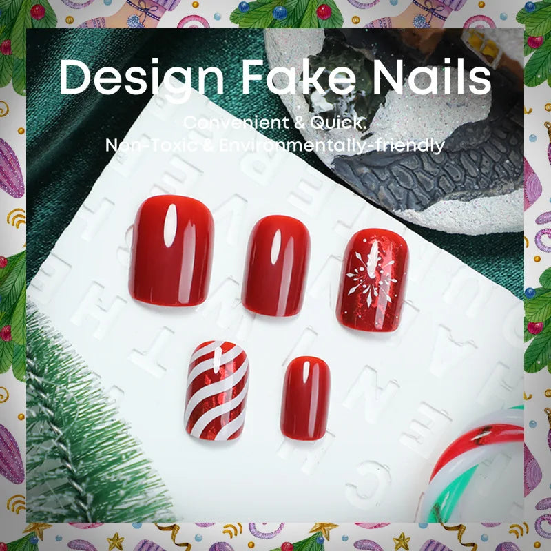 Christmas Fakse Nails 24Pcs Glossy Red Almond Press On Nails Snowflake/Striped Printed Women New Year Party Charm Manicure