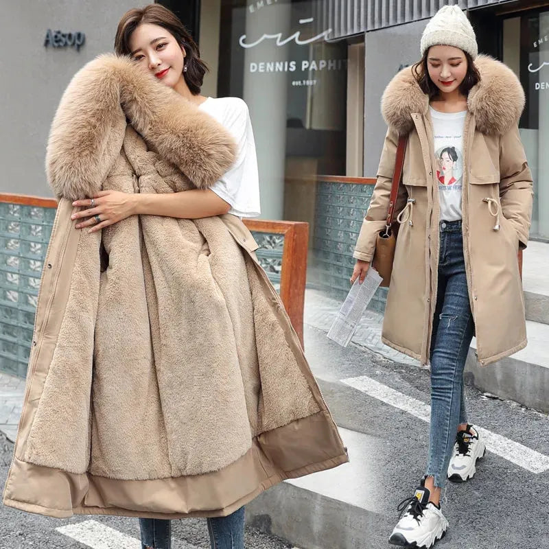 Winter Jacket Women Parka Clothes Long Coat Wool Liner Hooded Jacket Fur Collar Thick Warm Snow Wear Padded Parka Khaki