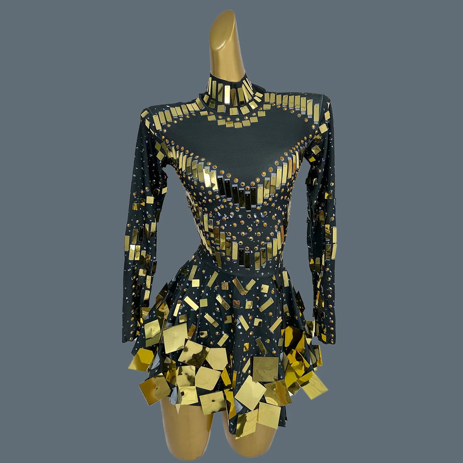 Fancy Sequins Pleated Mini Dress for Hot Girls Bar Nightclub Stage Show Outfit Dance Performance Wear Dance Troupe Outfit Xieshi Black Gold One Size