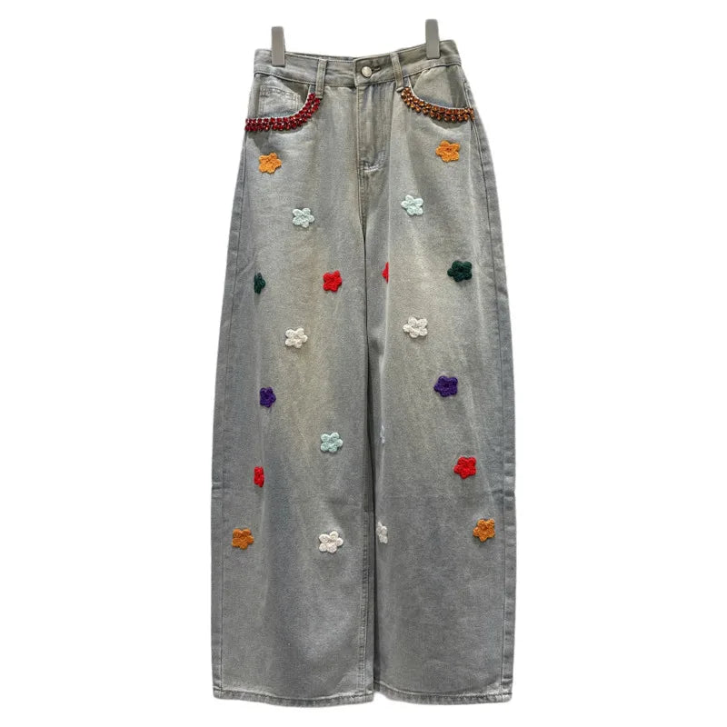 Autumn Winter New Fashion Rhinestone Pocket Knitted Flower Decoration Wide-Leg Jeans For Women Straight Pants 11A07801